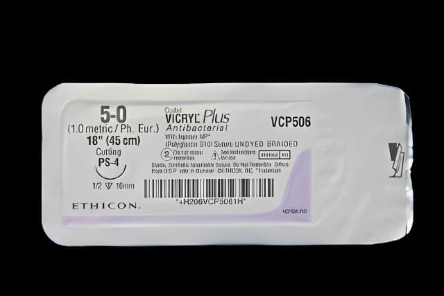 Absorbable Antibacterial Suture with Needle Coated Vicryl™ Plus Polyglactin 910 with Irgacare MP Antibacterial Suture PS-4 1/2 Circle Precision Reverse Cutting Needle Size 5 - 0 Braided