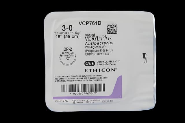 Absorbable Antibacterial Suture with Needle Coated Vicryl™ Plus Polyglactin 910 with Irgacare MP Antibacterial Suture CP-2 1/2 Circle Reverse Cutting Needle Size 3 - 0 Braided