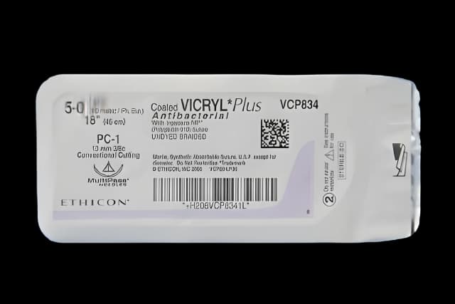 Absorbable Antibacterial Suture with Needle Coated Vicryl™ Plus Polyglactin 910 with Irgacare MP Antibacterial Suture PC-1 3/8 Circle Precision Conventional Cutting Needle Size 5 - 0 Braided