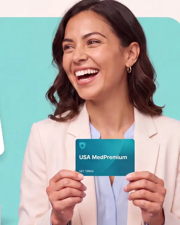 A smiling practice manager holding a USA MedPremium net terms card